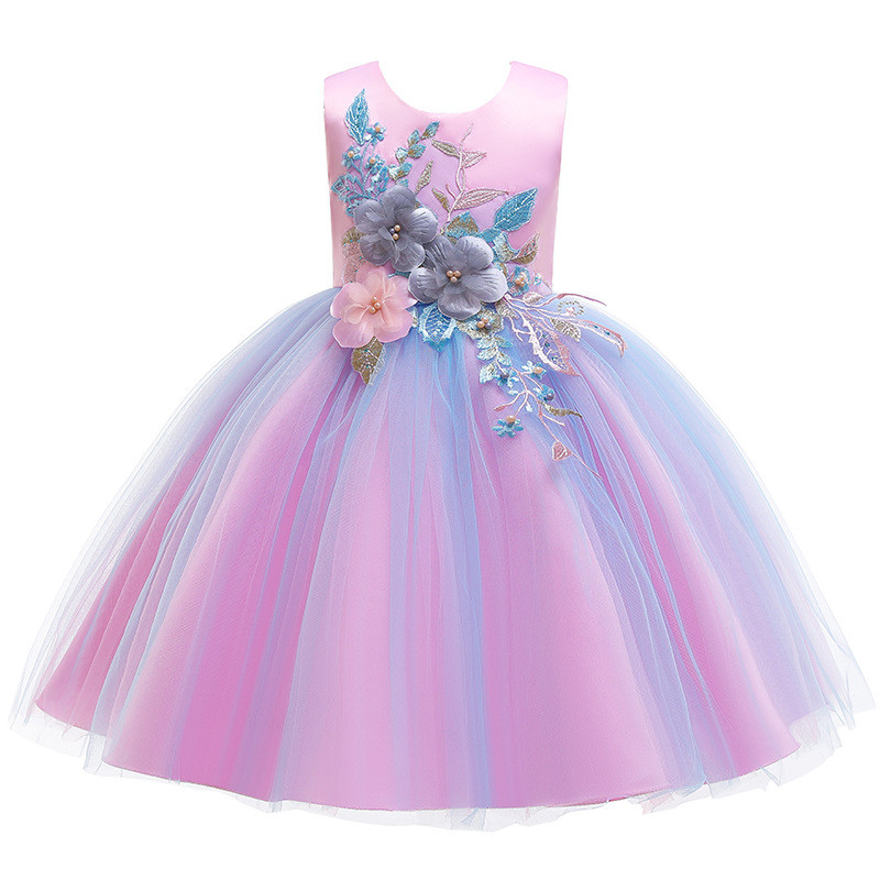 Blue Embroidery Lace Girls' Dress with Bowknot