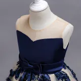 Kid Girl Embroidered 3D Flowers Mesh Wedding Party Dress With Bowknot