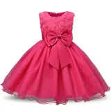 Kid Girl 3D Rose Flowers Lace Bowknot Bright Spot Gown Dress