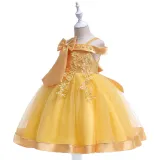 Kid Girl Pearl Embroidery 3D Flowers Bowknot Off The Shoulder Wedding Party Dresses
