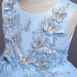 Kid Girl Embroidery 3D Butterflies With Bowknot Lace Mesh Wedding Party Sleeveless Dress