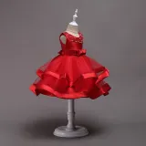 Kid Girl Pearls Beads Two Layered Mesh Wedding Party Sleeveless Satin Dress With Bowknot