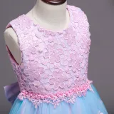 Kid Girl 3D Lace Embroidery Flower Pearls Bowknot Mesh Wedding Party Sleeveless Dresses