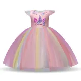 Kid Girl 3D Pearls Flowers Unicon Rainbow Tutu Princess Dress