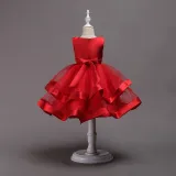 Kid Girl Pearls Beads Two Layered Mesh Wedding Party Sleeveless Satin Dress With Bowknot