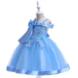 Kid Girl Pearl Embroidery 3D Flowers Bowknot Off The Shoulder Wedding Party Dresses