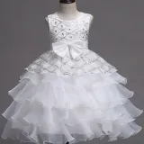 Kid Girl Sequins Diamond-Studded Layers Ruffles Lace Wedding Party Sleeveless Dress
