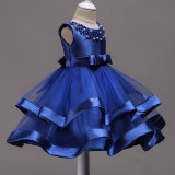 Kid Girl Pearls Beads Two Layered Mesh Wedding Party Sleeveless Satin Dress With Bowknot