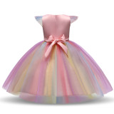 Kid Girl 3D Pearls Flowers Unicon Rainbow Tutu Princess Dress