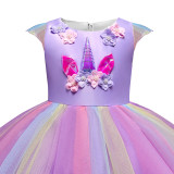 Kid Girl 3D Pearls Flowers Unicon Rainbow Tutu Princess Dress
