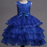 Kid Girl Sequins Diamond-Studded Layers Ruffles Lace Wedding Party Sleeveless Dress