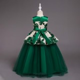 Kid Girl Embroidered 3D Flowers Patchwork Mesh Wedding Party Dress With Bowknot