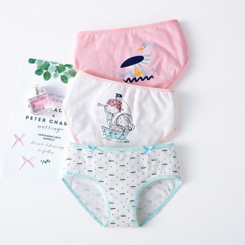 Kid Girls 3 Packs Prints Bird Boats Briefs Cotton Underwear