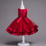 Kid Girl Pearls Beads Two Layered Mesh Wedding Party Sleeveless Satin Dress With Bowknot