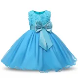 Kid Girl 3D Rose Flowers Lace Bowknot Bright Spot Gown Dress