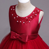 Kid Girl Pearls Beads Two Layered Mesh Wedding Party Sleeveless Satin Dress With Bowknot