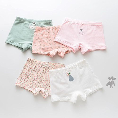 Kid Girls 5 Packs Print Flowers Cute Animals Boxer Briefs Cotton Underwear