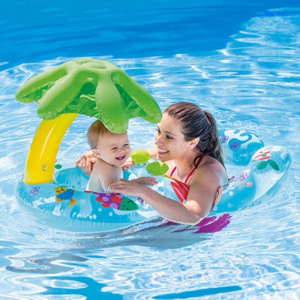 Mom and Child Baby Parent-Child Seat Swimming Rings With Lotus Leaf Awning Inflatable Swimming Circle