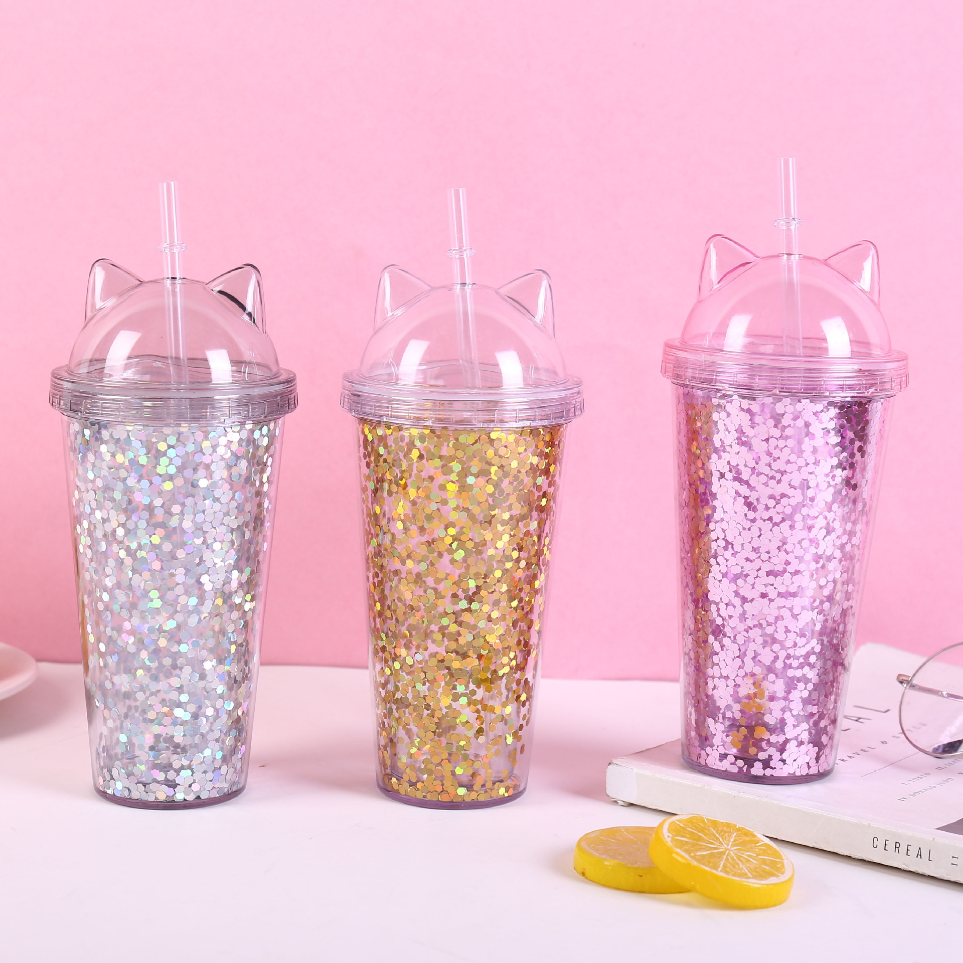 Insulated Plastic Tumbler Straw Cup Sequins Cat Ears Water Bottles