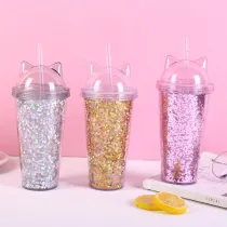 Insulated Plastic Tumbler Straw Cup Sequins Cat Ears Water Bottles