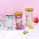 Insulated Plastic Tumbler Straw Cup Flamingos Rose Flowers Water Bottles