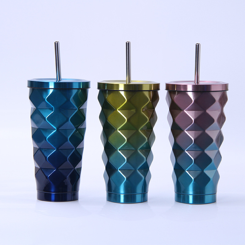 Insulated Stainless Steel Tumbler Straw Cup Ombre Water Ripple Vacuum Water Bottles