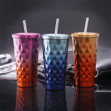 Insulated Stainless Steel Tumbler Straw Cup Ombre Rhombus Vacuum Water Bottles