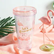 Insulated Plastic Tumbler Straw Cup Flamingos Water Bottles
