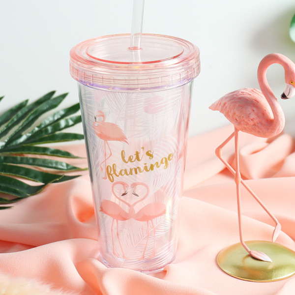 Insulated Plastic Tumbler Straw Cup Flamingos Water Bottles