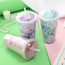 Insulated Plastic Tumbler Straw Cup Stars Sequins Water Bottles
