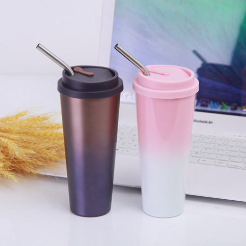 Insulated Stainless Steel Tumbler Straw Cup Ombre Irregularity Vacuum Water Bottles