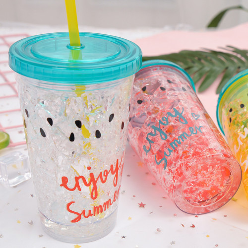 Insulated Plastic Tumbler Straw Cup Watermelon Seeds Crushed Ice Water Bottles
