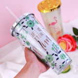 Insulated Plastic Tumbler Straw Cup Flamingos Rose Flowers Water Bottles
