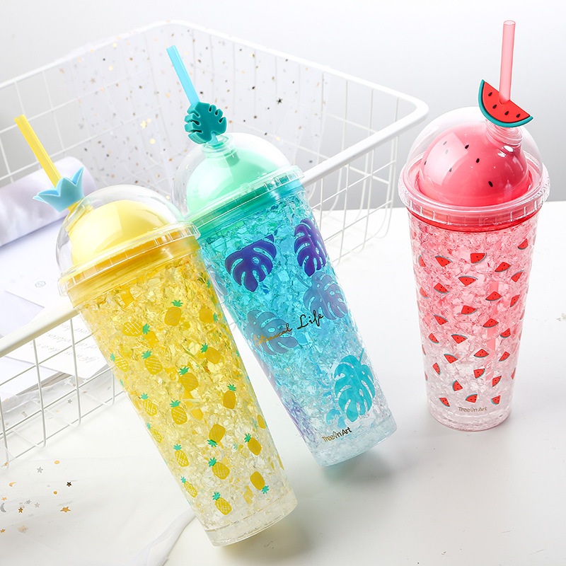 Insulated Plastic Tumbler Straw Cup Fruit Crushed Ice Water Bottles