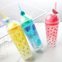 Insulated Plastic Tumbler Straw Cup Fruit Crushed Ice Water Bottles