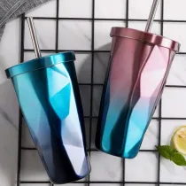 Insulated Stainless Steel Tumbler Straw Cup Ombre Irregularity Vacuum Water Bottles