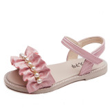 Kid Girl Ruffles Pleated With Pearls Beading Beach Open-Toed Velcro Sandals