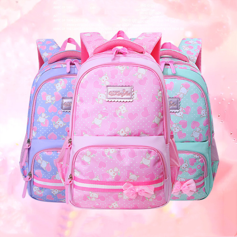 Primary School Backpack Bag Hearts Bowknot Girl Lightweight Waterproof Bookbag