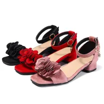 Kid Girl Suede 3D Flower Velcro Heels Pump Sandals