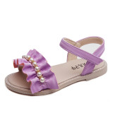 Kid Girl Ruffles Pleated With Pearls Beading Beach Open-Toed Velcro Sandals