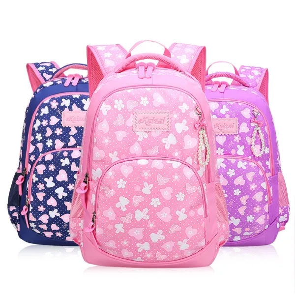 Primary School Backpack Bag Girl Hearts Flowers Lightweight Waterproof Bookbag