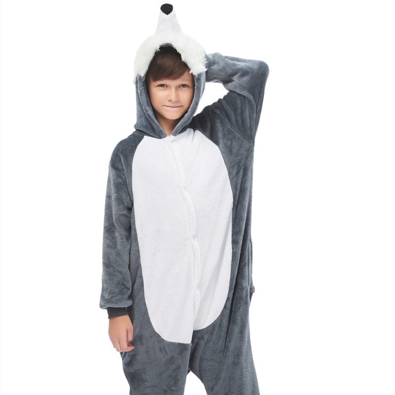 Kids 3d Grey Plush Husky Dog Onesie Kigurumi Pajamas Animal Cosplay Costumes For Unisex Children