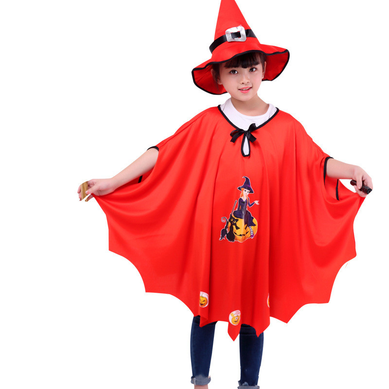 Pumpkin Cloak Cape Print Witch Halloween Costume Cosplay Suit With Hat