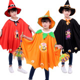 Print Pumpkin Witch Cat Cloak Cape Halloween Costume Cosplay Suit With Hat