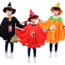 Pumpkin Cloak Cape Print Witch Halloween Costume Cosplay Suit With Hat