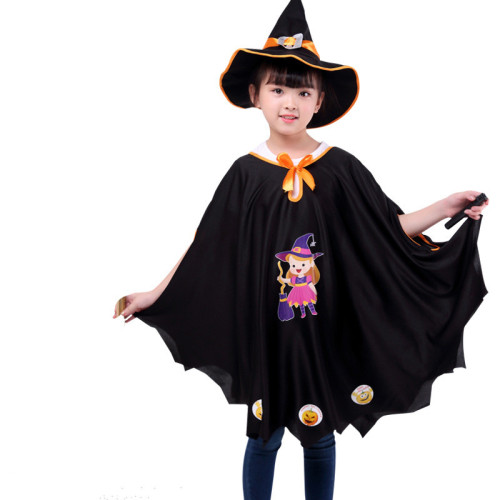 Print Pumpkin Witch Cat Cloak Cape Halloween Costume Cosplay Suit With Hat