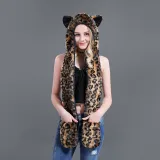 Leopard Faux Fur Winer Warm Hoods Hat Scarf Gloves with Paws Ears 3-in-1