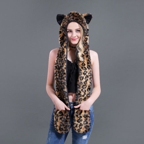 Leopard Faux Fur Winer Warm Hoods Hat Scarf Gloves with Paws Ears 3-in-1