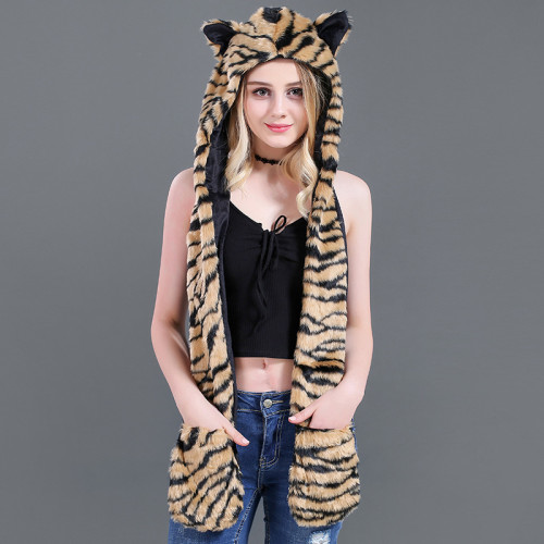 Tiger Faux Fur Winer Warm Hoods Hat Scarf Gloves with Paws Ears 3-in-1