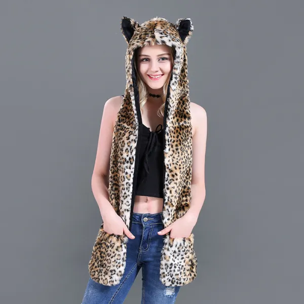 Leopard Faux Fur Winer Warm Hoods Hat Scarf Gloves with Paws Ears 3-in-1